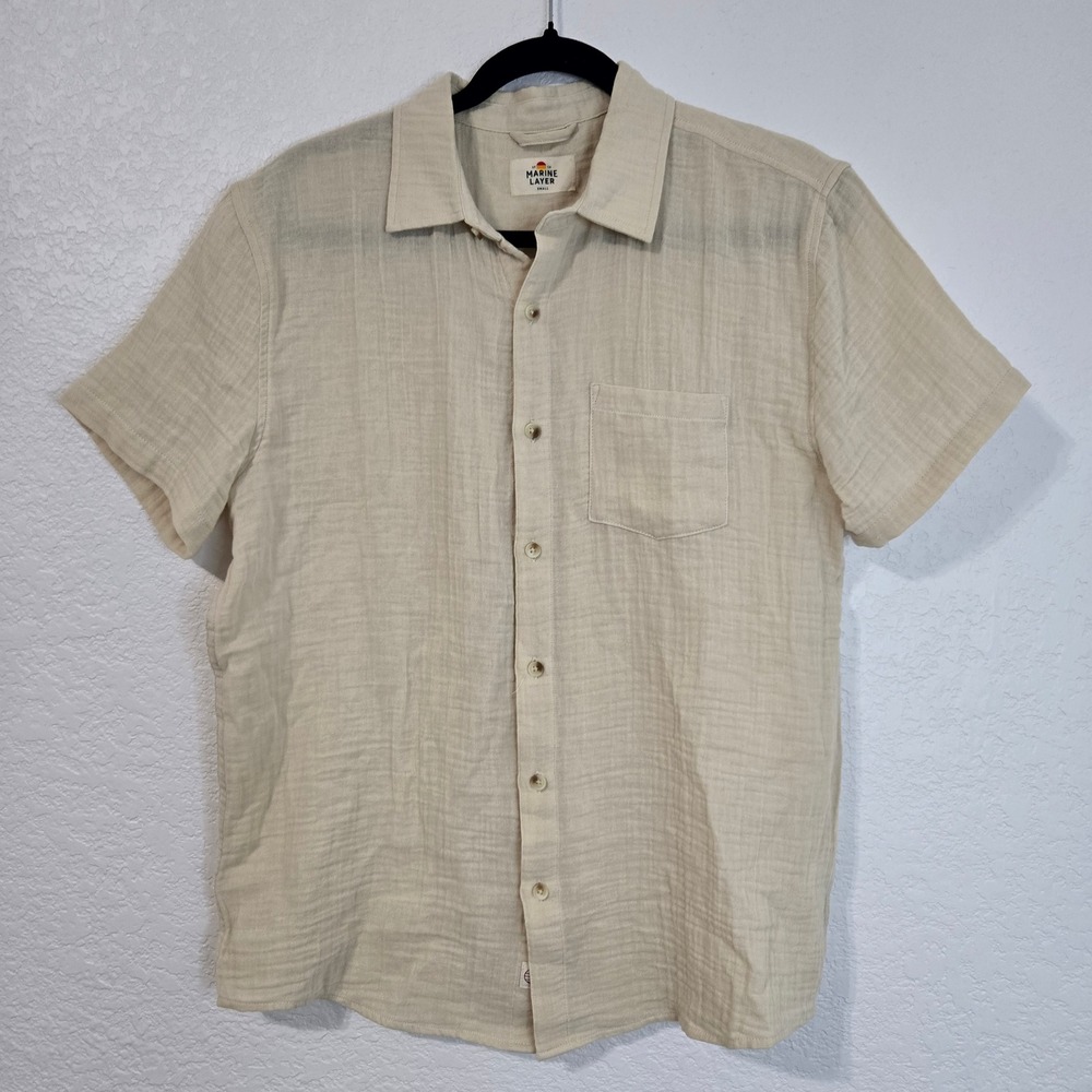 Marine Layer Short Sleeve Button Up Shirt Linen Blend Casual Tan Size Small